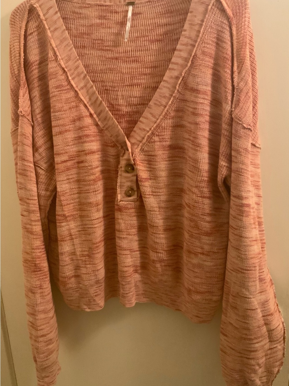 Free People Lightweight Pink Marled V-Neck Henley Sweater